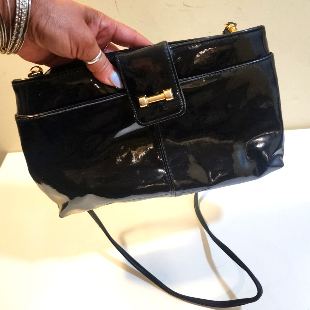 Elegant Black Patent Leather Shoulder Bag Crossbody